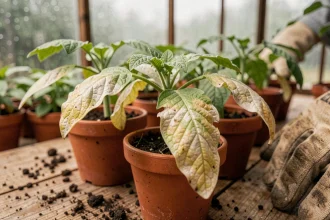 Feuilles de plants de tomates qui blanchissent après le repiquage, montrant des taches jaune-blanches sur des jeunes semis en pot