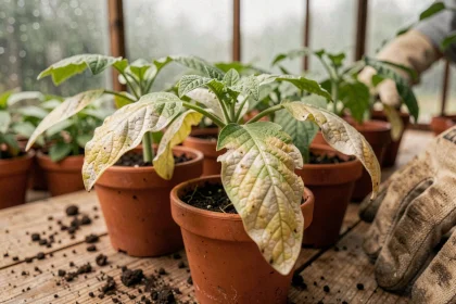 Feuilles de plants de tomates qui blanchissent après le repiquage, montrant des taches jaune-blanches sur des jeunes semis en pot