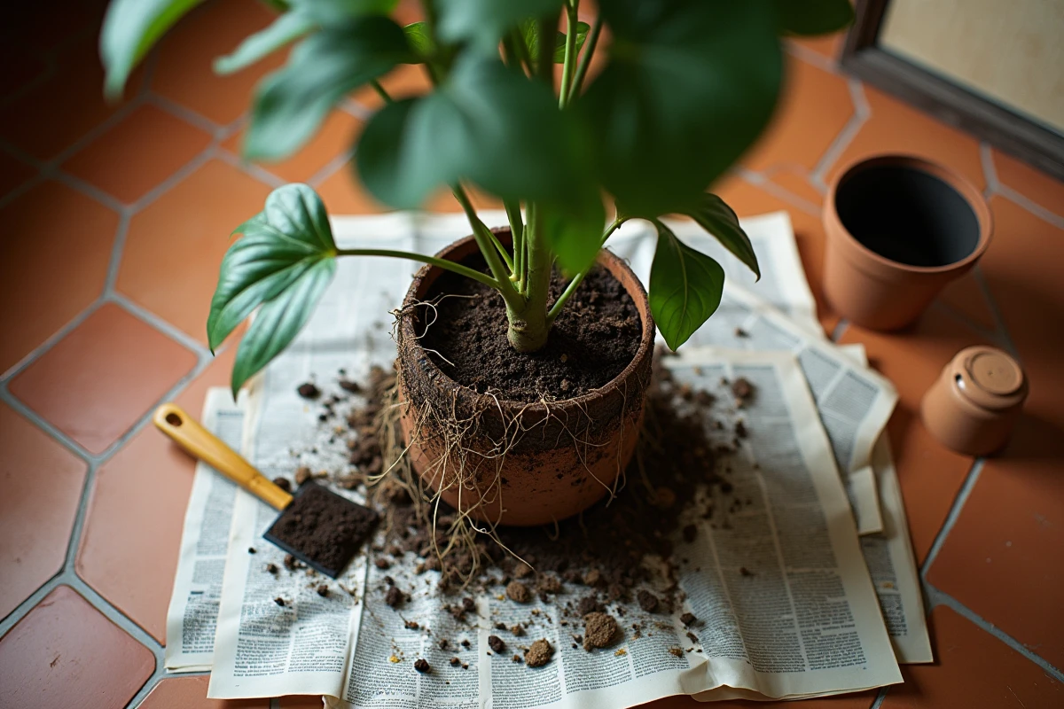 Vue du dessus d'un ficus sorti du pot avec des racines abîmées et du matériel de rempotage correctif