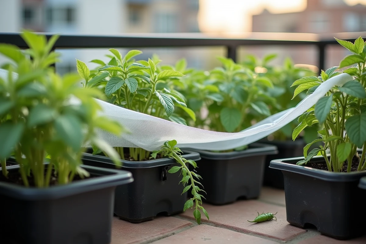 Filet de protection anti-chenilles installé sur des jardinières de balcon avec plants de tomates et poivrons en ville