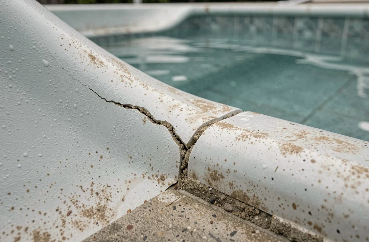 Fissure capillaire visible sur la paroi d'une piscine coque en fibre de verre avec traces d'humidité