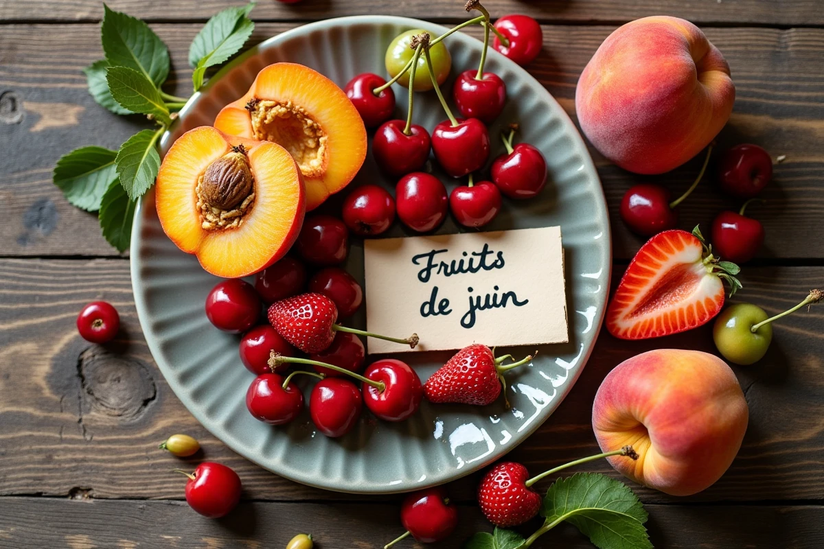 Vue de dessus de fruits de saison de juin sur table en bois : abricots, cerises, fraises et groseilles à maquereau