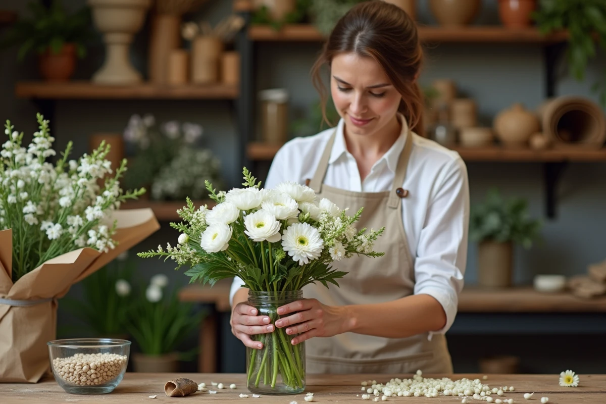 Fleuriste arrangeant des fleurs blanches dans un vase en verre dans une boutique artisanale avec un décor chaleureux