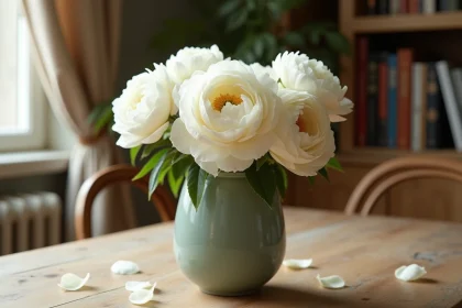 Bouquet de fleurs blanches dans un vase en céramique vert sauge posé sur une table en chêne dans un appartement parisien