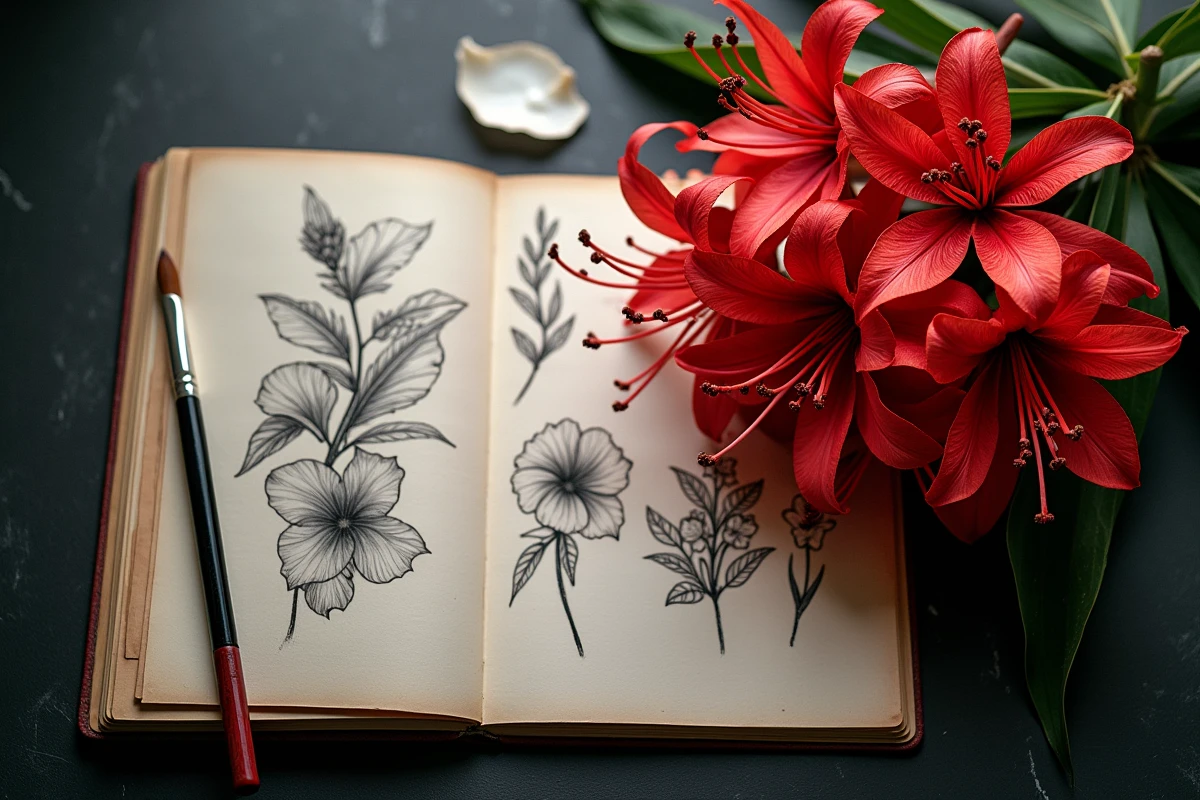 Fleurs lycoris radiata posées à côté d'un carnet de croquis de tatouage japonais ouvert avec des dessins botaniques à l'encre sur ardoise sombre