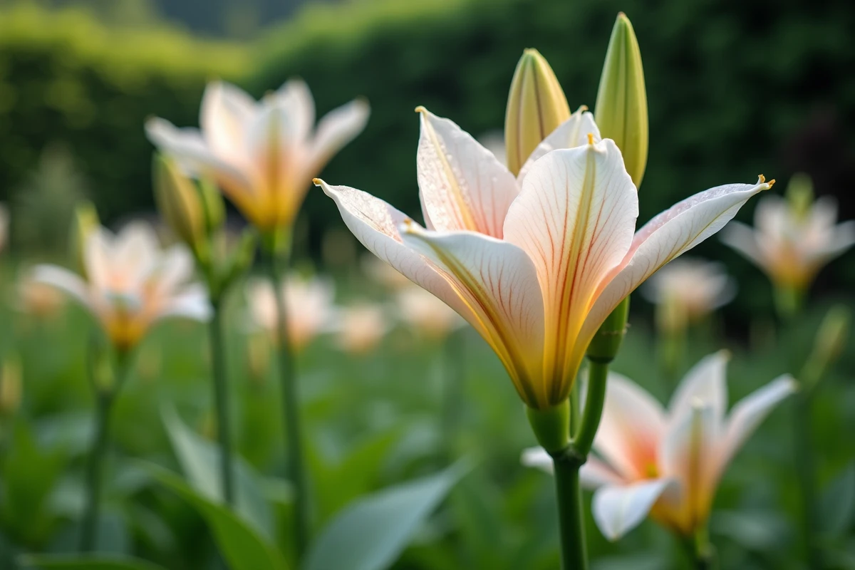 Fleurs de lys blancs en pleine floraison dans un massif de jardin en été