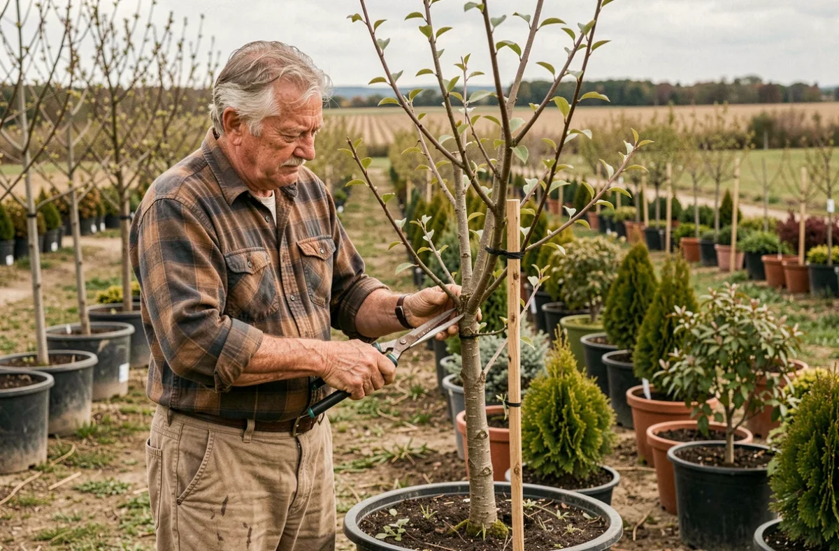 Pépiniériste des Floralies Vannoises à Foissy-sur-Vanne taillant un jeune arbre ornamental dans les rangées de la pépinière