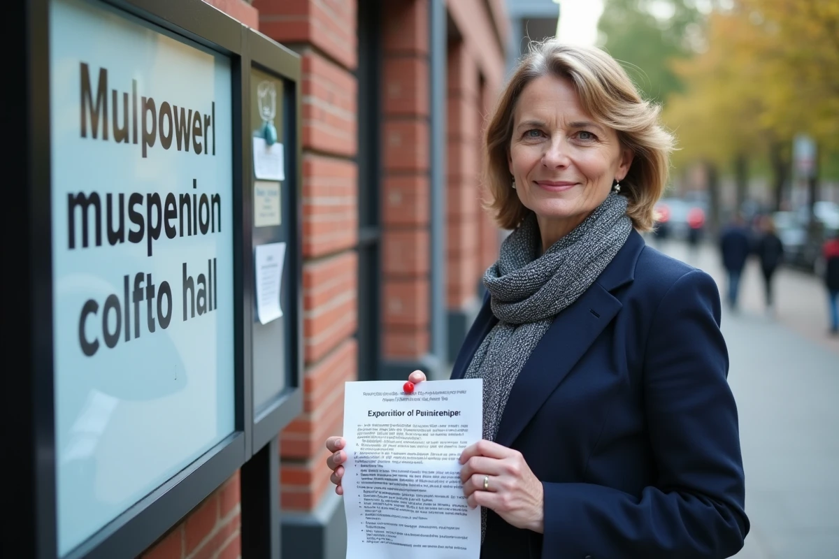 Fonctionnaire municipal affichant un avis de maladie pr&egrave;s d&rsquo;un m&ucirc;rier