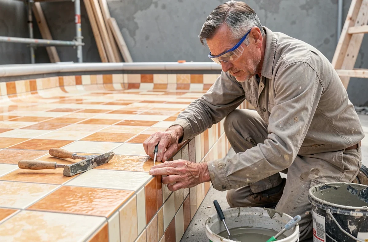 Artisan pisciniste Frédéric Arné appliquant un carrelage mosaïque à l'intérieur d'une coque de piscine