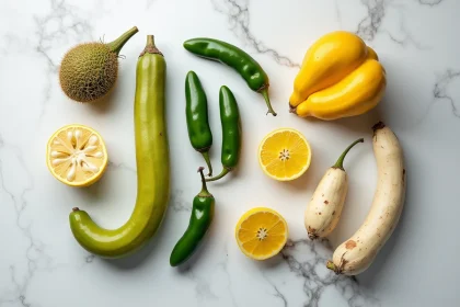 Composition à plat de fruits et légumes en J : jalapeños, jacquier, topinambours et jicama sur marbre blanc