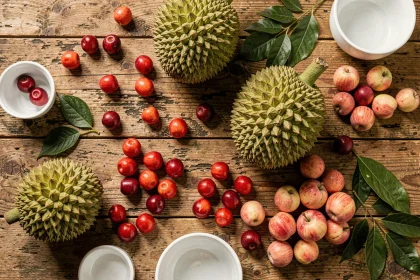 Assortiment de fruits en J rares et courants disposés en flat lay sur une table en bois rustique