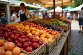 Étal de marché estival débordant de fruits de saison de juin : fraises, abricots, cerises et figues dans des paniers en osier