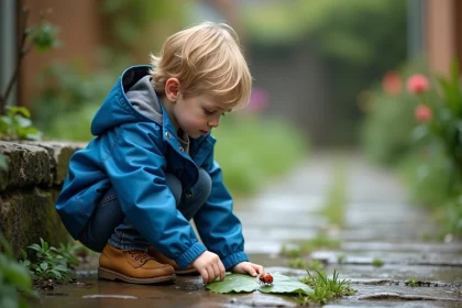 Jeune garçon observant une coccinelle sur une feuille verte