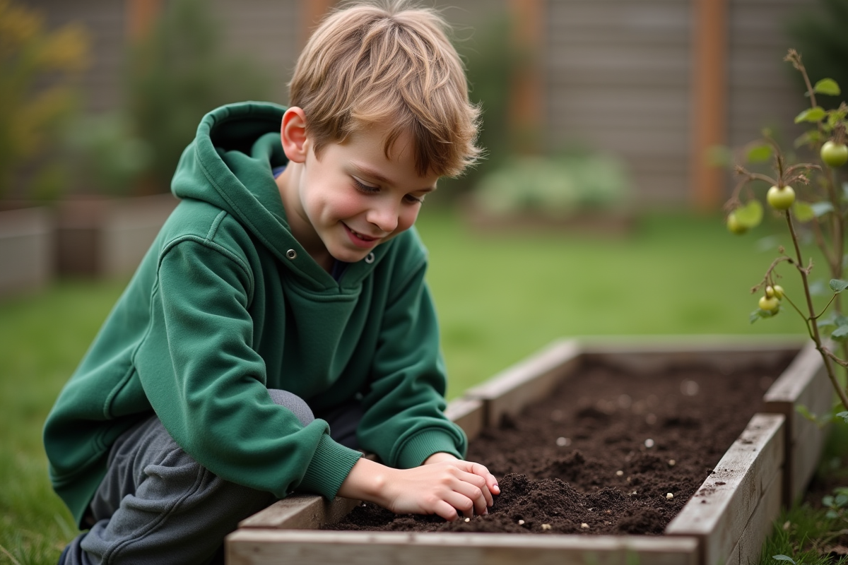Jeune garçon plantant des graines de tomate dehors