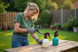 Pulvérisateur de jardin à dos en action dans un espace vert