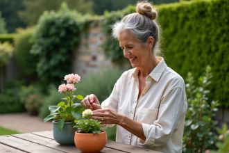 Jardin décoré avec des plantes et une terrasse accueillante