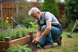 Potager urbain avec légumes frais et outils de jardinage
