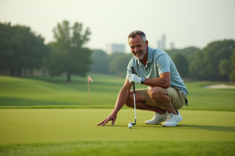 Golfeur homme en polo vert sur green bien entretenu