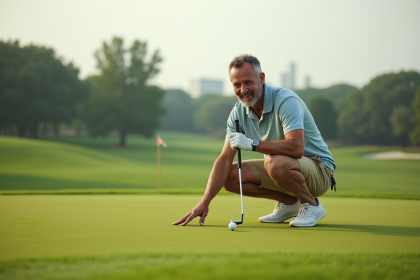 Golfeur homme en polo vert sur green bien entretenu