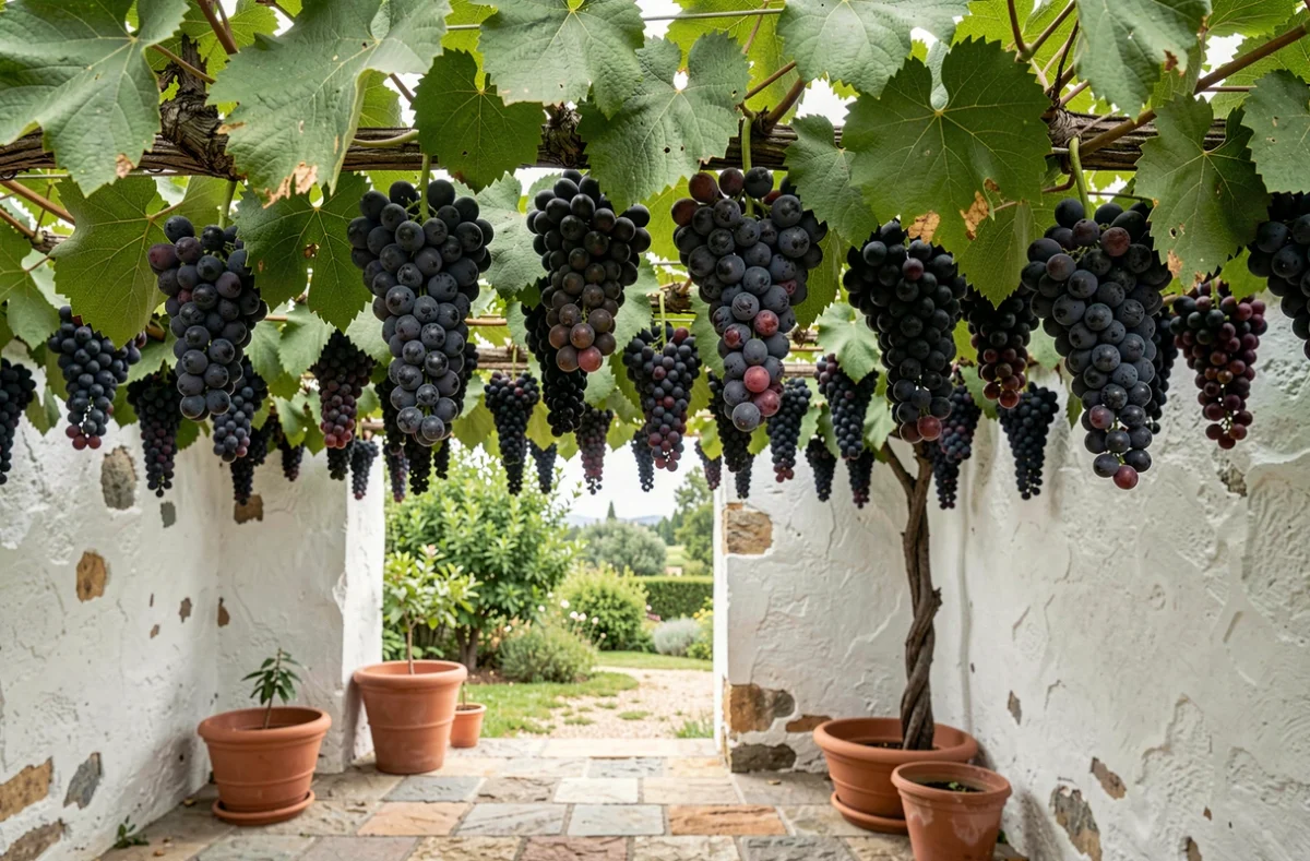 Grappes de raisins de table violets suspendues sous une pergola en été dans un jardin méditerranéen