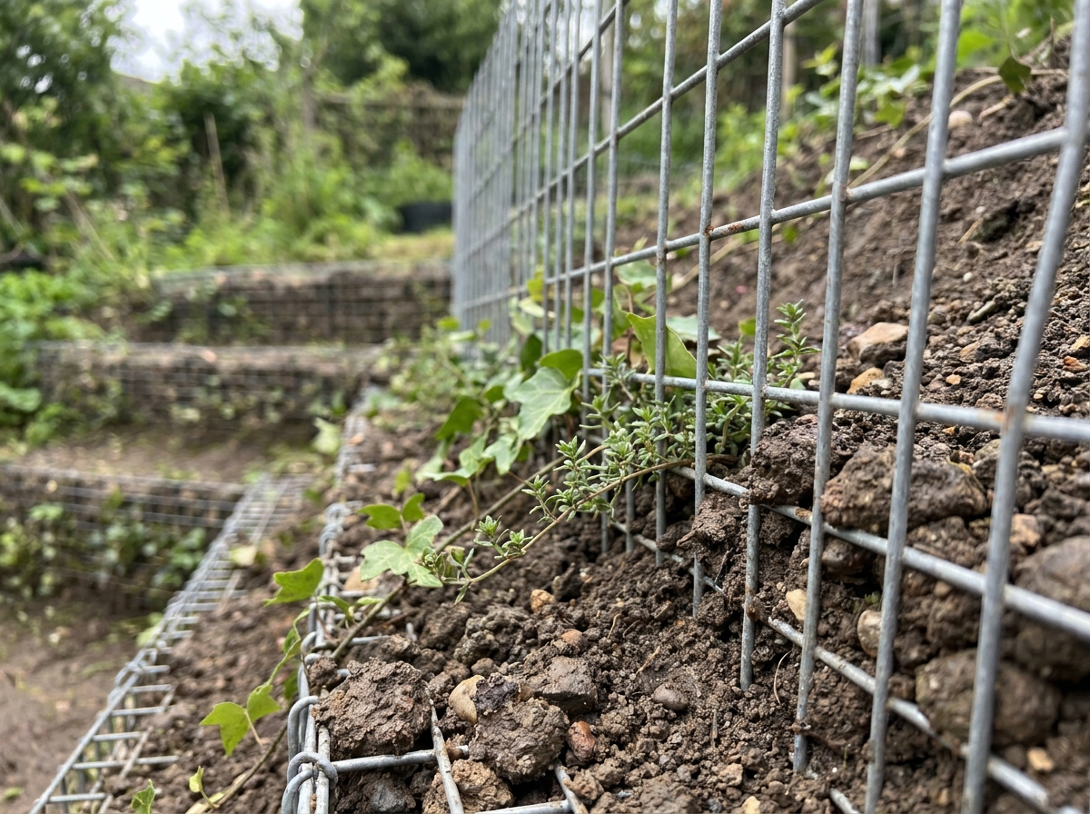 Gros plan sur un grillage soudé galvanisé retenant la terre d'un talus de jardin en terrasse