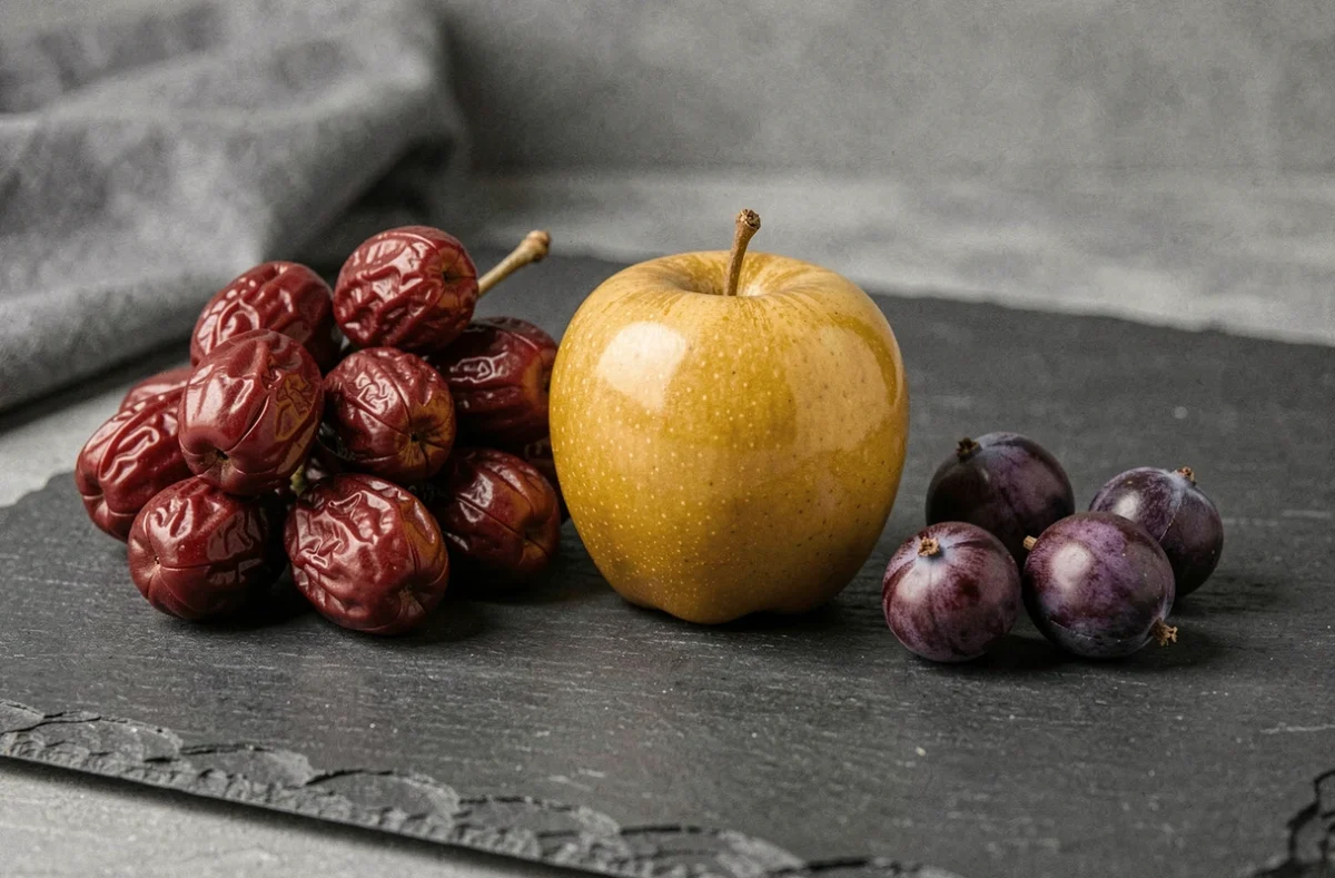 Gros plan de jujubes, pomme Java et jabotycaba sur une ardoise sombre pour un article sur les fruits en J
