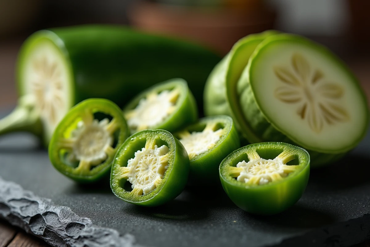 Gros plan de jalapeños, jicama et topinambours coupés sur une ardoise dans une cuisine professionnelle