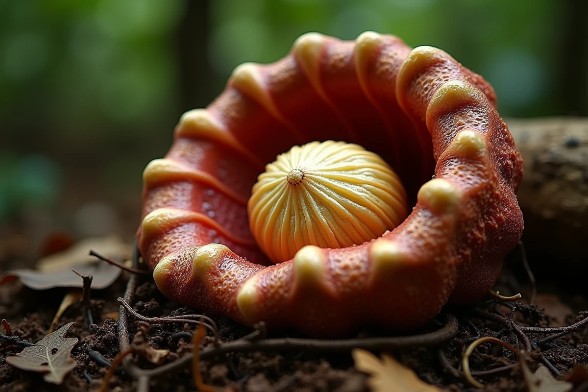 Gros plan détaillé des pétales texturés et du disque central d'une fleur Rafflesia arnoldii
