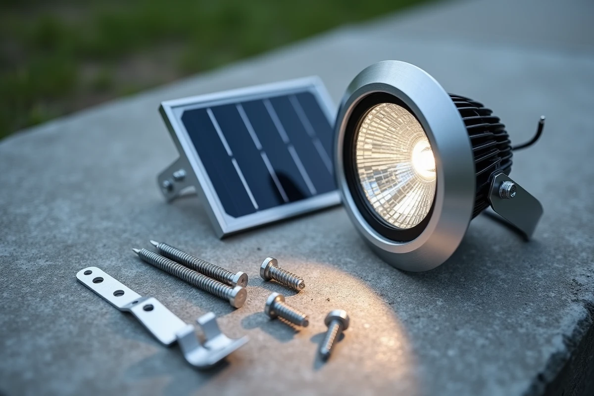 Gros plan sur un spot solaire LED extérieur haute performance avec panneau photovoltaïque et détails de construction en aluminium brossé