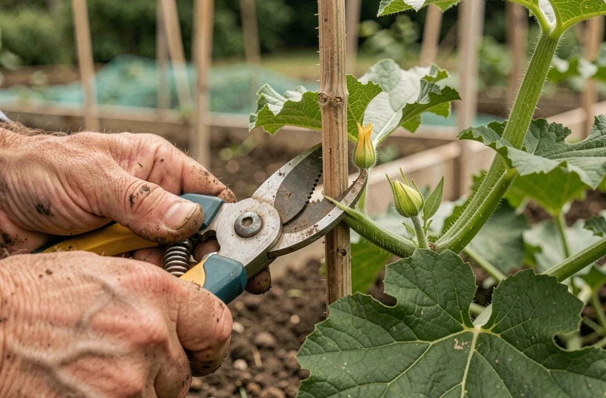Gros plan sur la taille d'une tige de melon charentais avec un sécateur professionnel