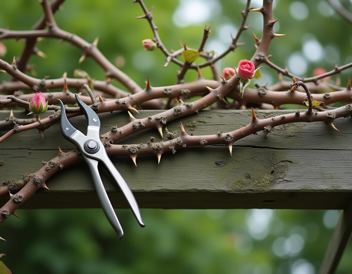 Gros plan sur des tiges de rosier grimpant en cours de taille sur une pergola en chêne vieilli, sécateur posé sur le bois