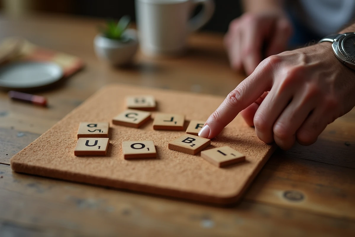 Gros plan sur un chevalet de Scrabble avec des tuiles contenant la lettre U, main d'un joueur adulte