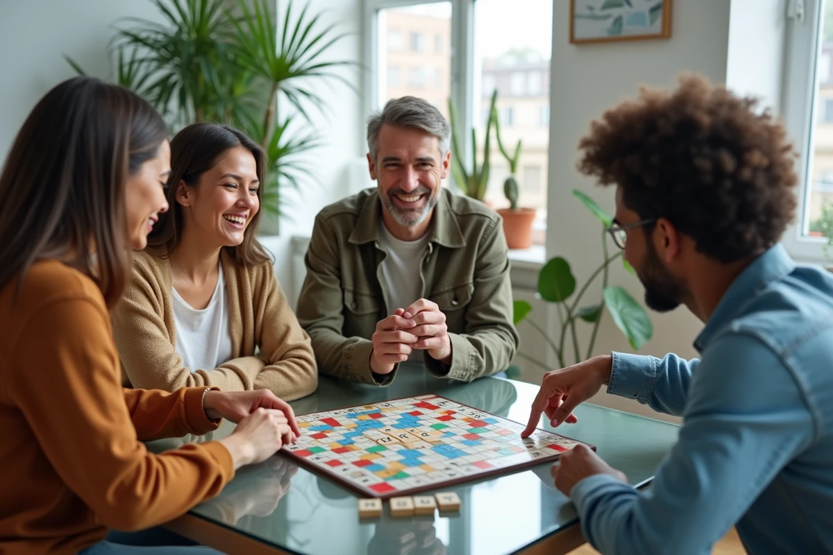 Groupe d'amis jouant au Scrabble autour d'une table moderne, stratégie avec des mots en U
