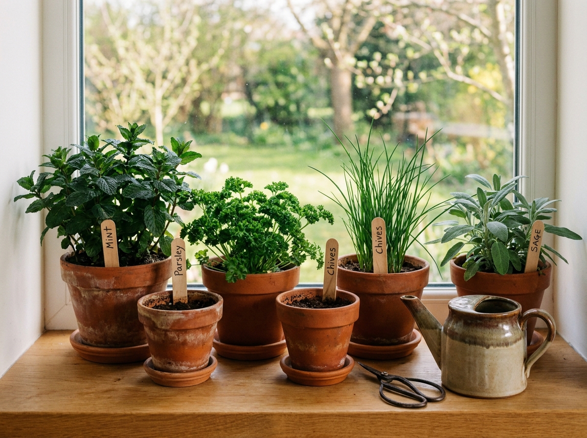 Jardin d'herbes aromatiques en pots sur un rebord de fenêtre de cuisine avec étiquettes artisanales