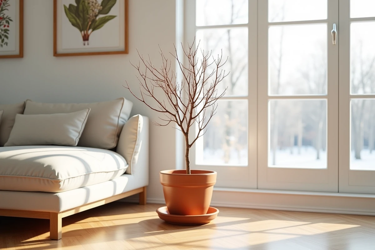 Hibiscus en pot placé en hivernage près d'une fenêtre dans un intérieur minimaliste aux tons chauds