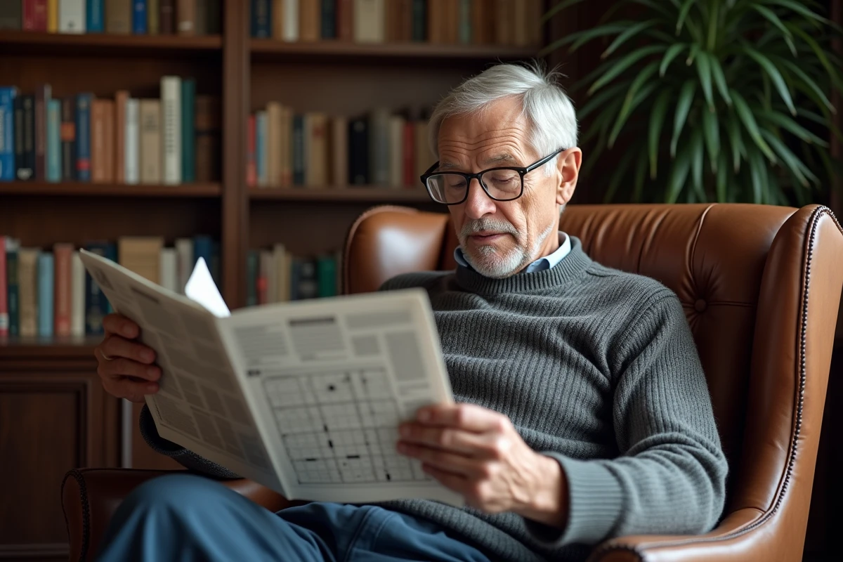 Homme âgé assis dans un fauteuil en cuir résolvant les mots croisés d'un journal plié