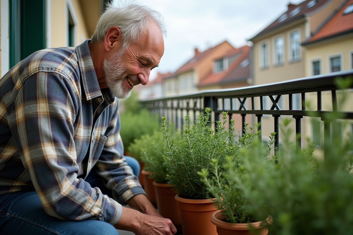 Homme âgé inspectant des plants de thym sur un balcon urbain