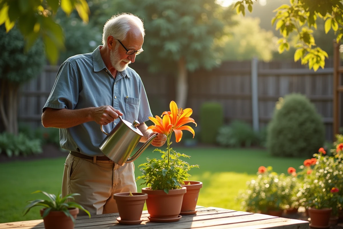 Homme &acirc;g&eacute; arrosant une lys dans son jardin en &eacute;t&eacute;