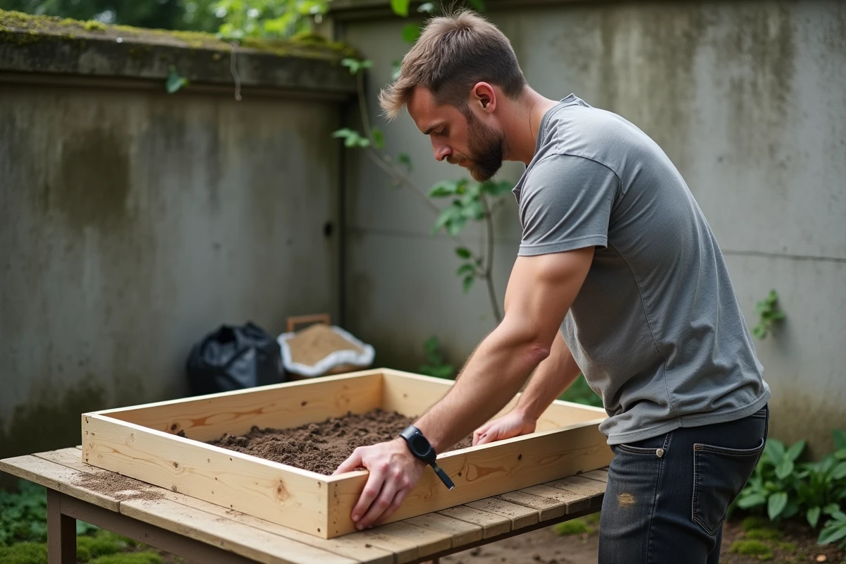 Homme assemblant un cadre de potager en carr&eacute; en bois avec des outils simples dans un coin de jardin urbain