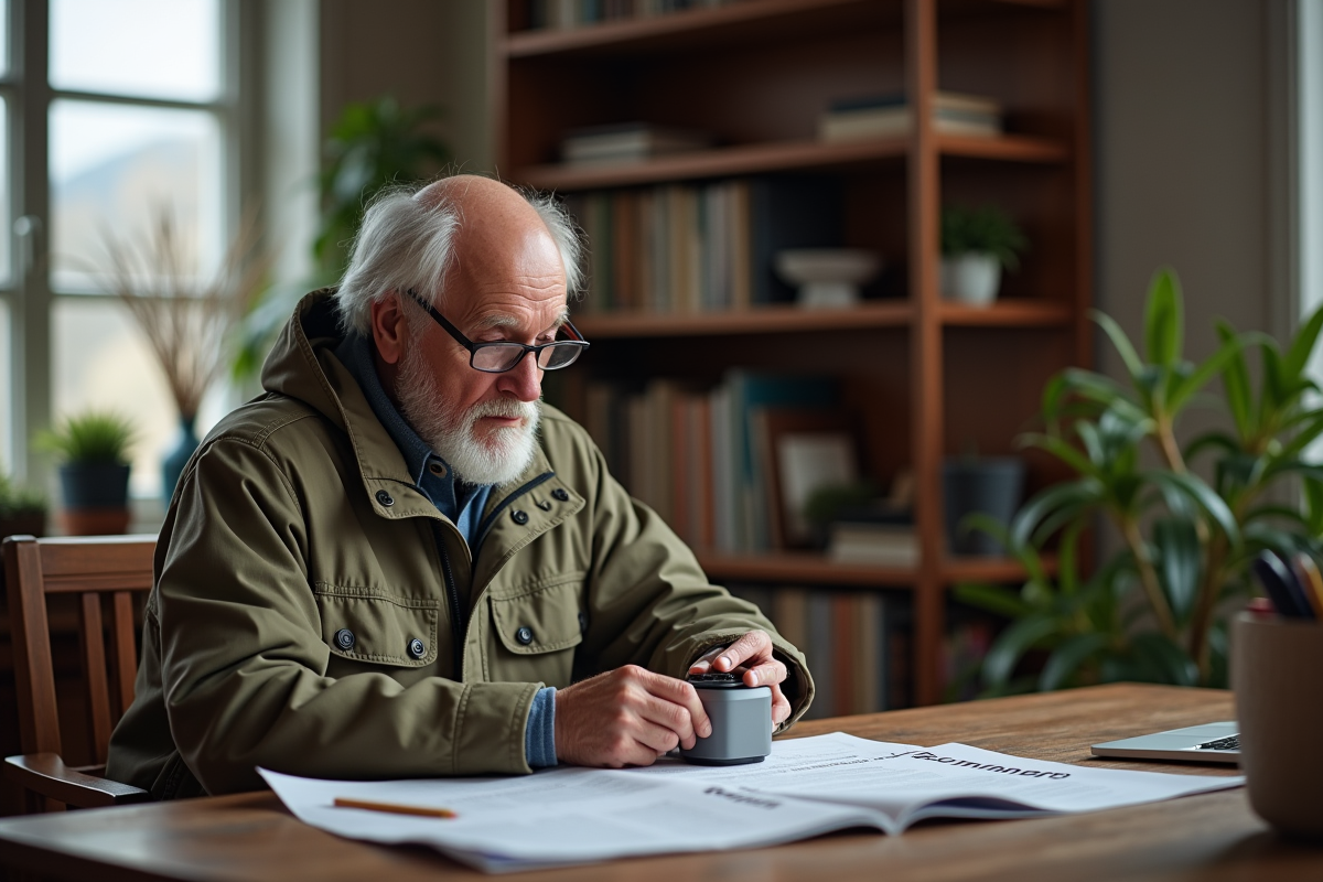 Homme âgé assemblant une station météo à son bureau intérieur