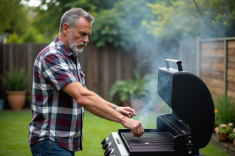 Homme d'âge moyen ajustant un barbecue en plein air