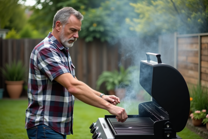 Homme d'âge moyen ajustant un barbecue en plein air