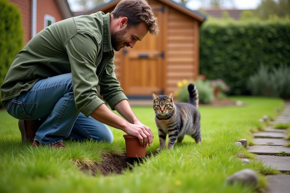 Homme posant un répulsif naturel contre les taupes près de son chat dans le jardin