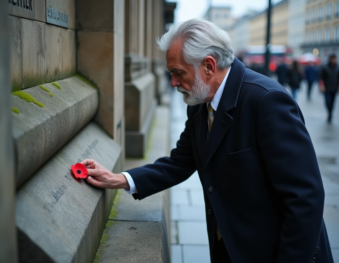 Homme âgé déposant un coquelicot rouge sur une plaque commémorative en pierre, geste de mémoire et d'hommage aux victimes de guerre