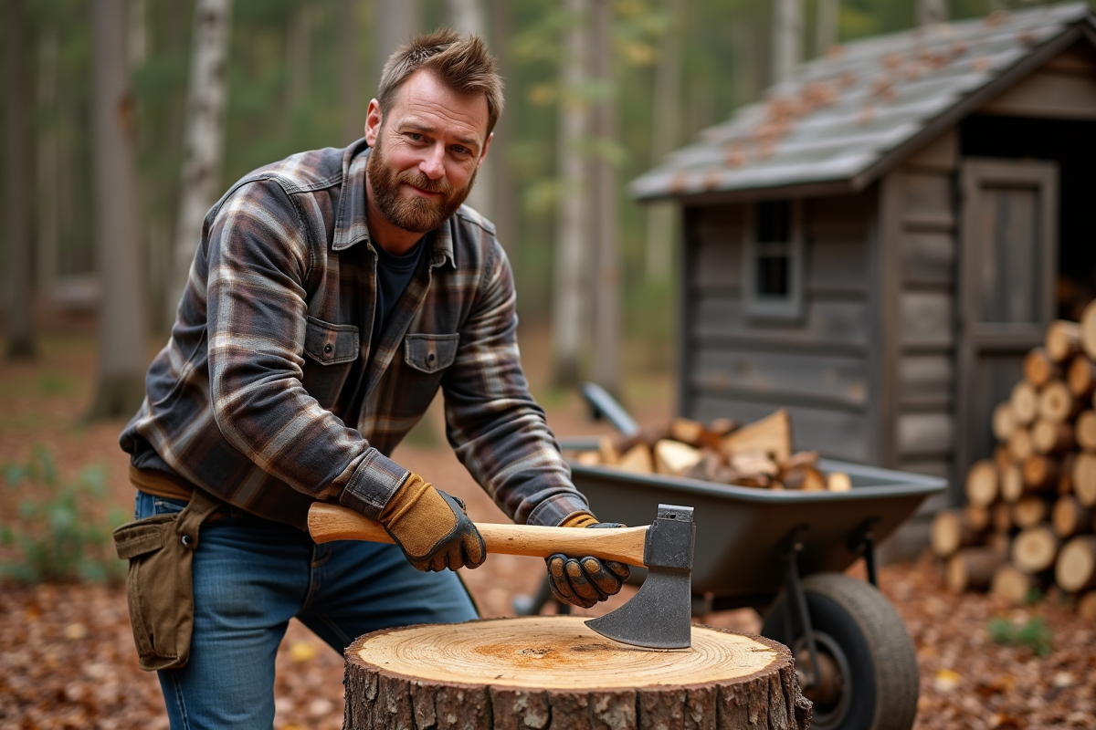 Homme moyenâgeux coupe un bois dans la forêt avec un hache