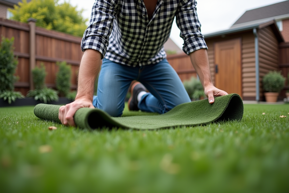 Homme pose du gazon synthétique dans son jardin