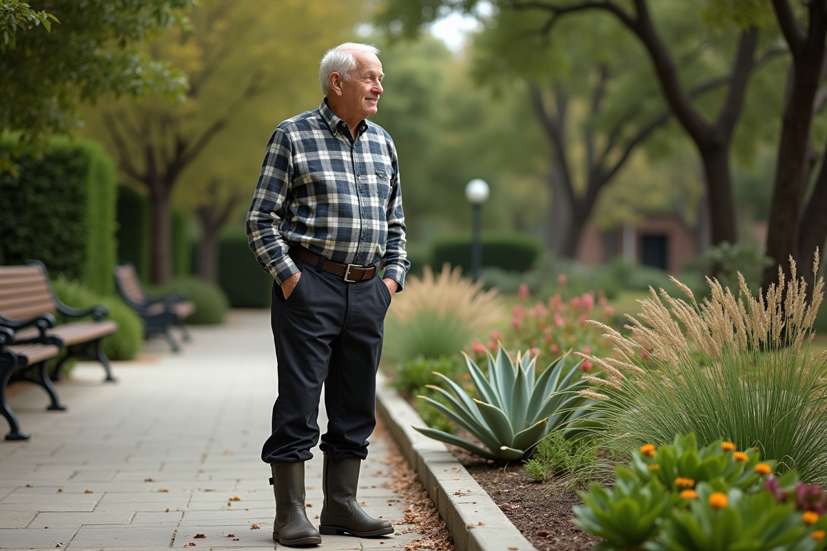 Homme âgé admirant une platebande facile d