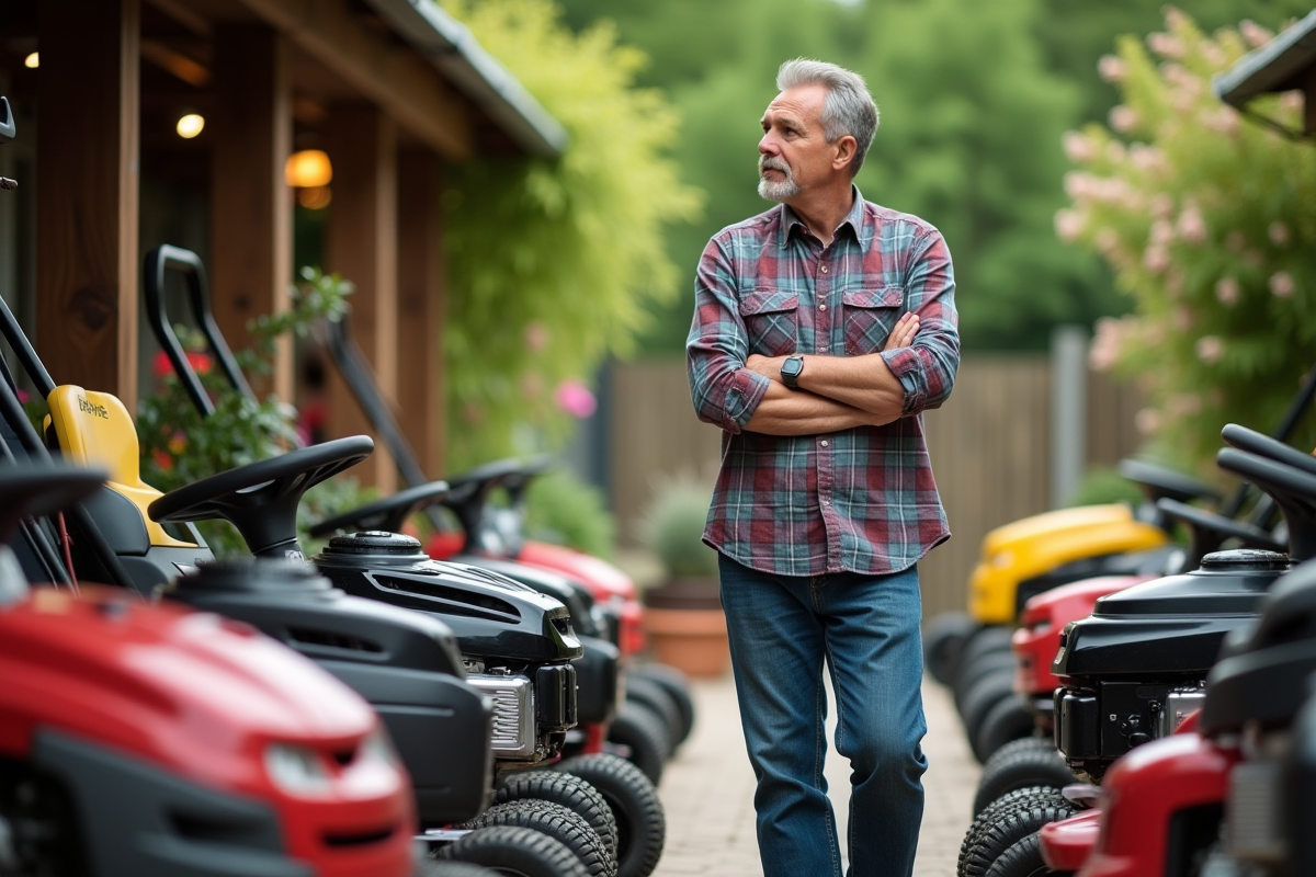 Homme inspectant deux tondeuses dans un magasin de jardinage