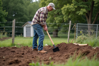 Homme d'âge moyen ratisse la terre dans un jardin