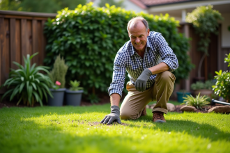 Homme d'âge moyen jardinant sur la pelouse verte